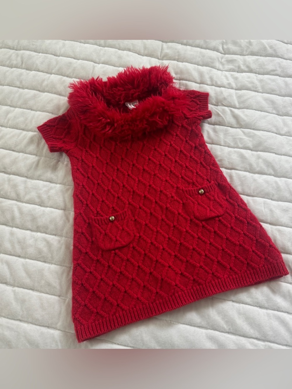 Janie And Jack Crimson Red Faux Fur Collar Sweater Dress Girl size 6-12M